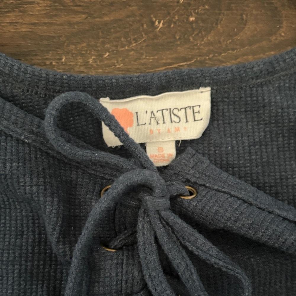 Dark Blue Lace-Up Knit Small Romper - Picture 2 of 5